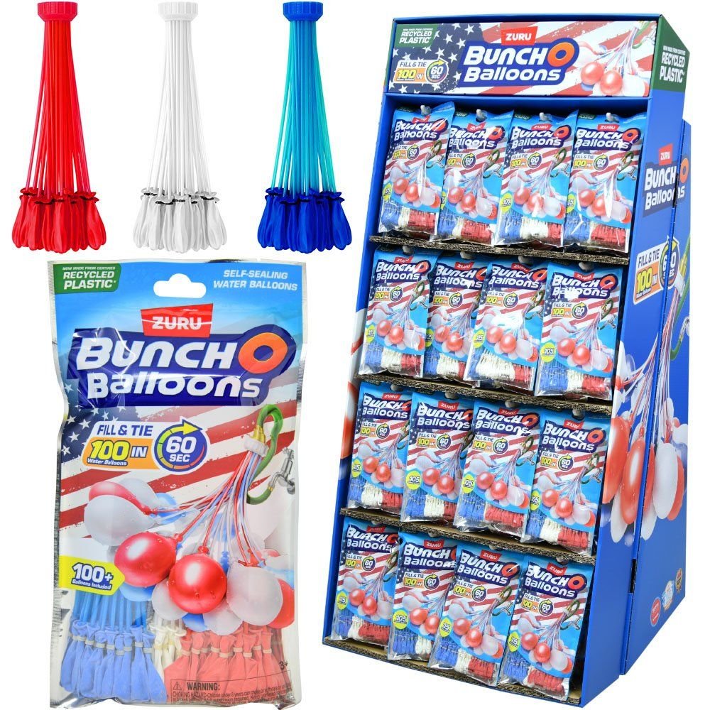 Wholesale Zuru Bunch o Balloons Red, White and blue Rapid fill 3pk foilbag, floor display - 112 pc