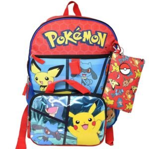 Wholesale Pokemon Red 5pc 16" Backpack Set Keychain, Utility Case, Zipper pouch
