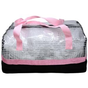 Wholesale Large Clear Checkered PVC Duffle Bag with Glitter trim, handles and 300D Black Polyester bottom.