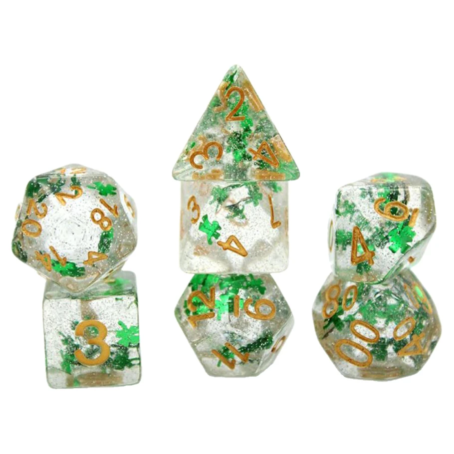 7-Set: 16mm Resin Dice: Paillette: Four-Leaf Clover with Silver Glitter