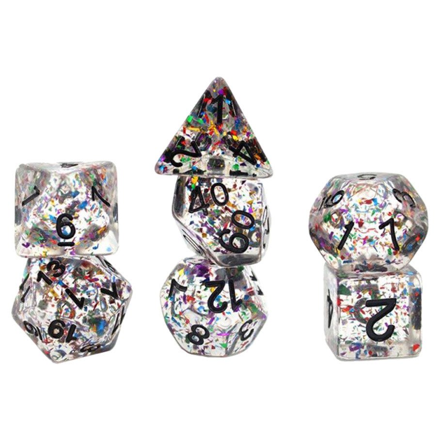 7-Set: 16mm Resin Dice: Paillette: Rainbow Confetti