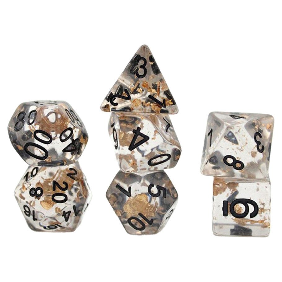 7-Set: 16mm Resin Dice: Gold Foil: Transparent Gray