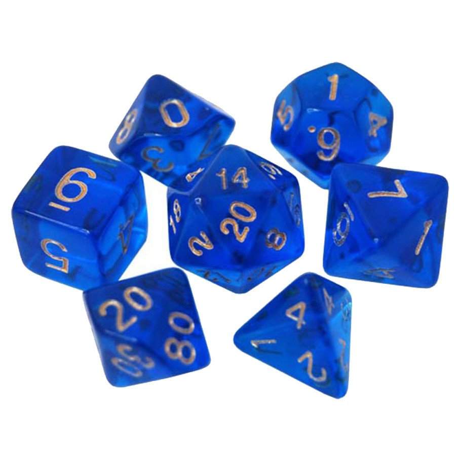 7-Set: 16mm Resin Dice: Transparent: Dark Blue with Gold Numbers