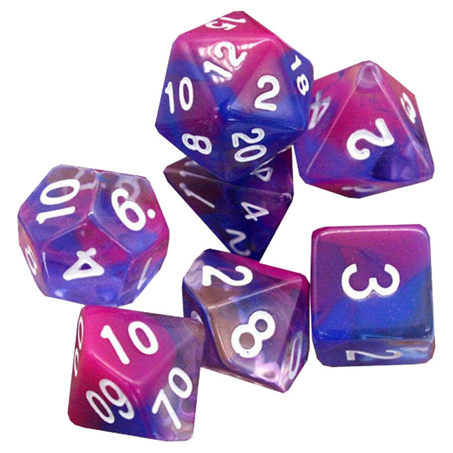 7-Set: 16mm Resin Dice: Transparent: Blue & Purple Swirl