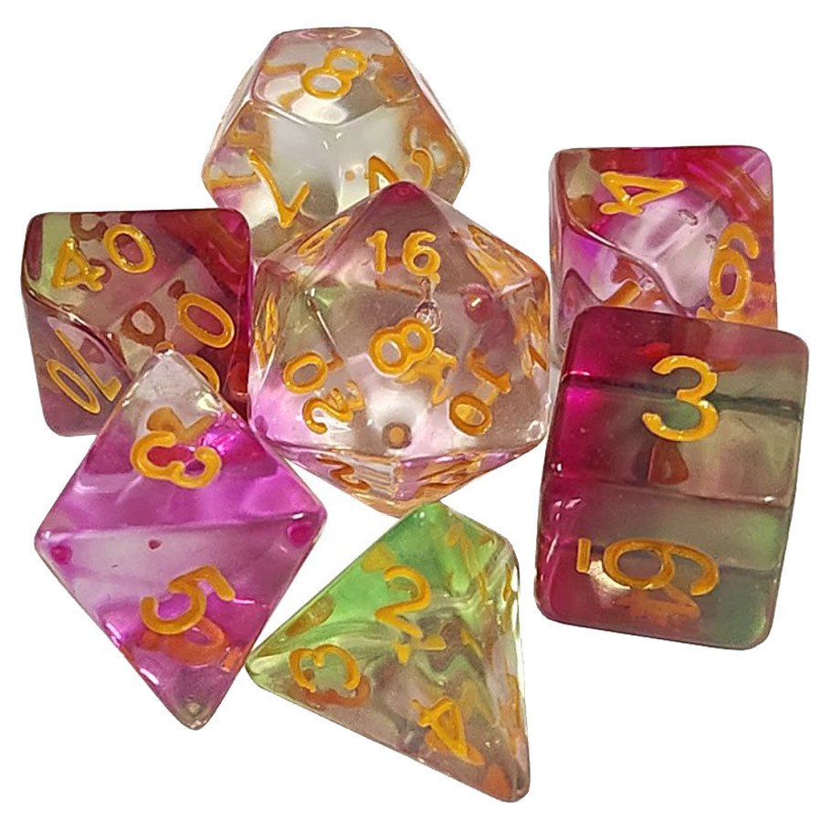 7-Set: 16mm Resin Dice: Transparent: Green/Pink Swirl