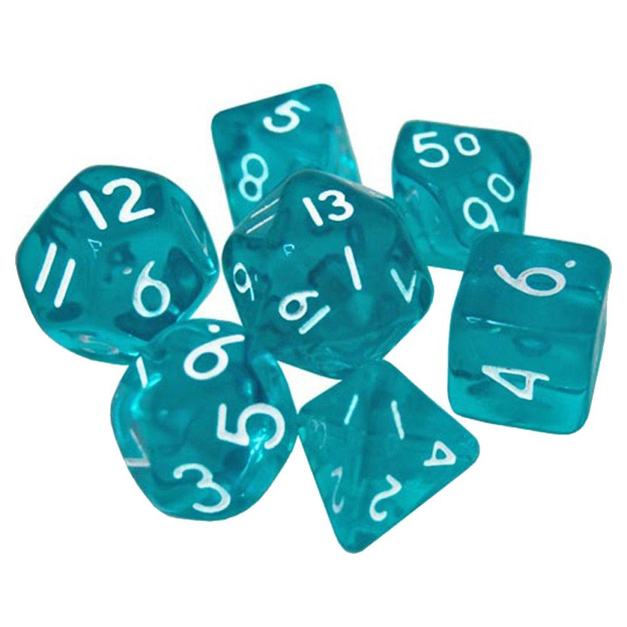7-Set: 10mm Resin Dice: Transparent: Teal