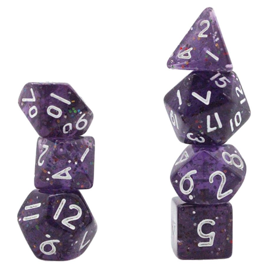 7-Set: 10mm Resin Dice: Transparent: Purple with Glitter