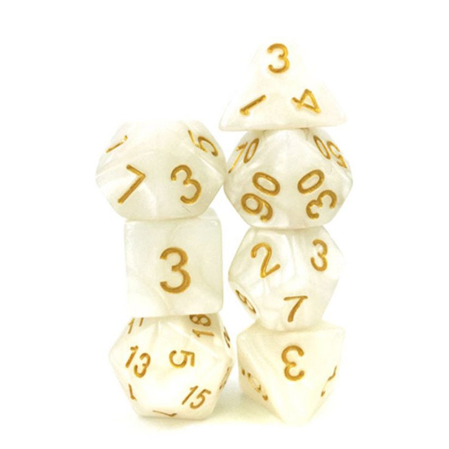 7-Set: 10mm Resin Dice: Pearl: White with Gold Numbers