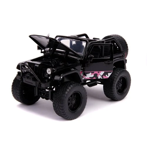 Just Trucks 2007 Jeep Wrangler Black and Pink Camo 1:24 Scale Die-Cast Metal Vehicle with Tire Rack - Image 2