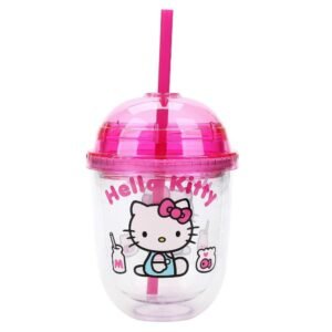 Wholesale Hello Kitty Pink on 13oz Double Egg Wall Plastic W/ Straw