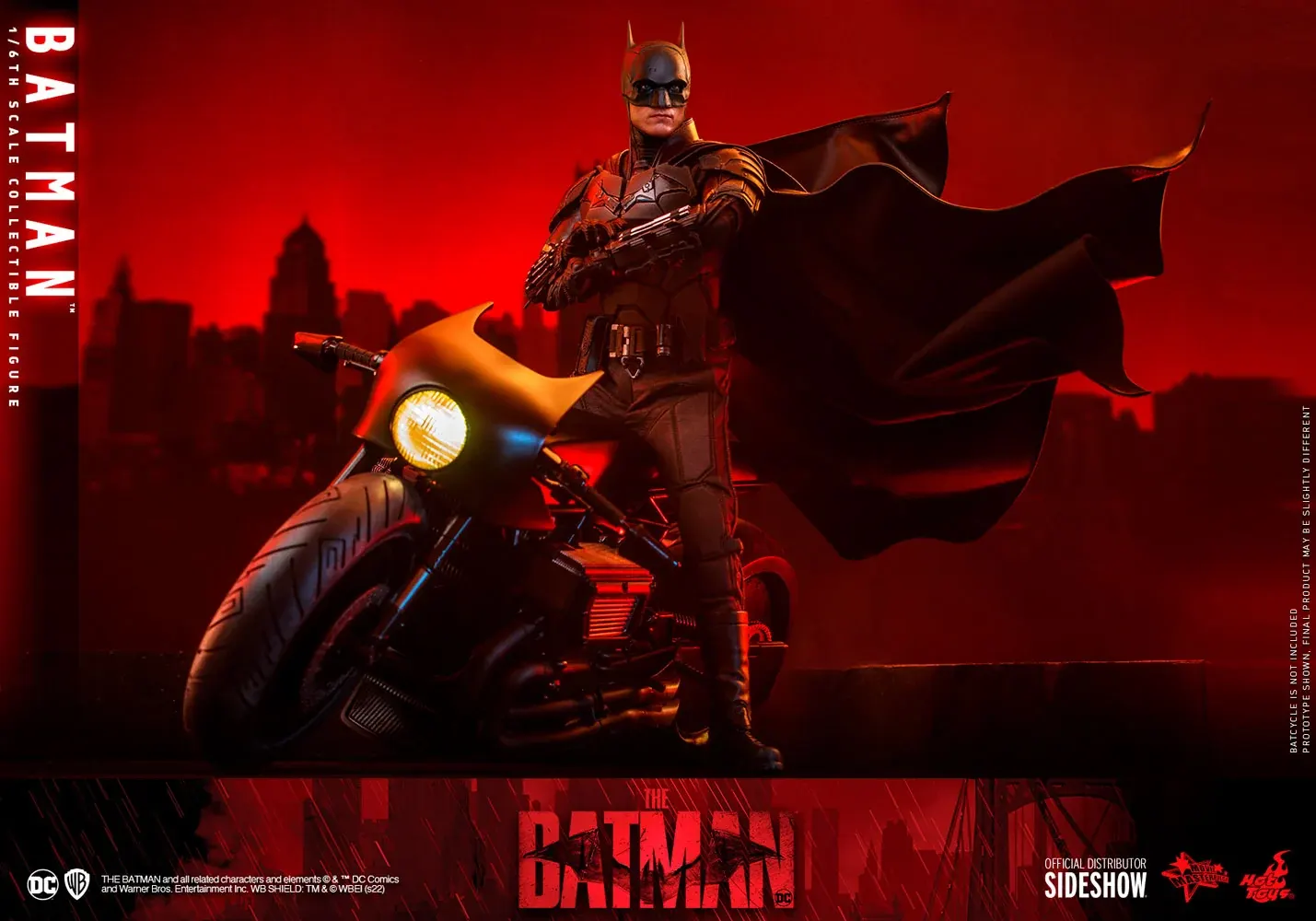 DC Batman sixth-scale collectible figure displayed on a Batcycle product photograph